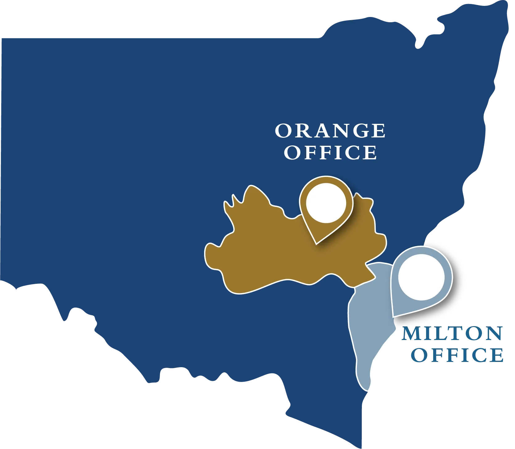 Map of NSW with Orange and Milton offices marked